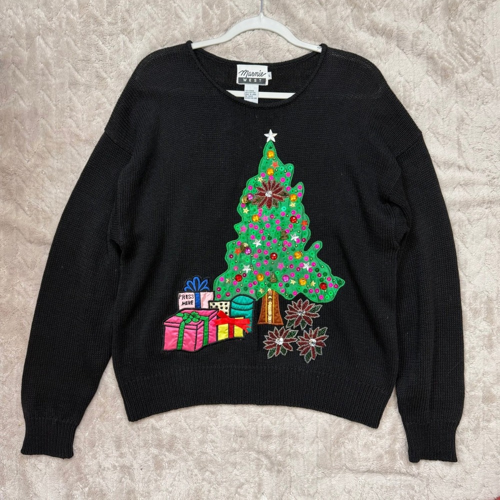 Marnie West Vintage Christmas Tree Sequin Bell Sweater Black Large Holiday